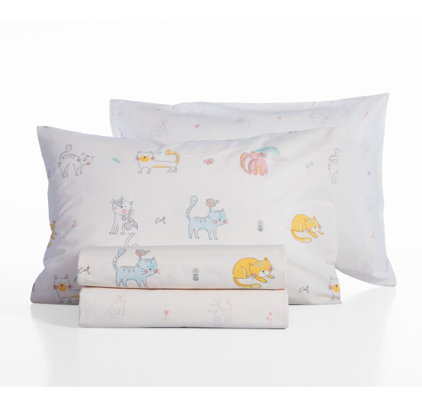 Παιδικά Σεντόνια Μονά (Σετ) Nef - Nef Cat Life Ecru
