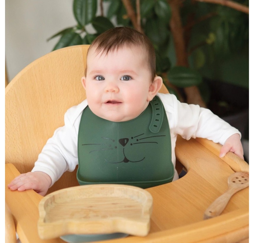 Σαλιάρα Σιλικόνης με Τσεπάκι Trois Kilos Sept Cat Green